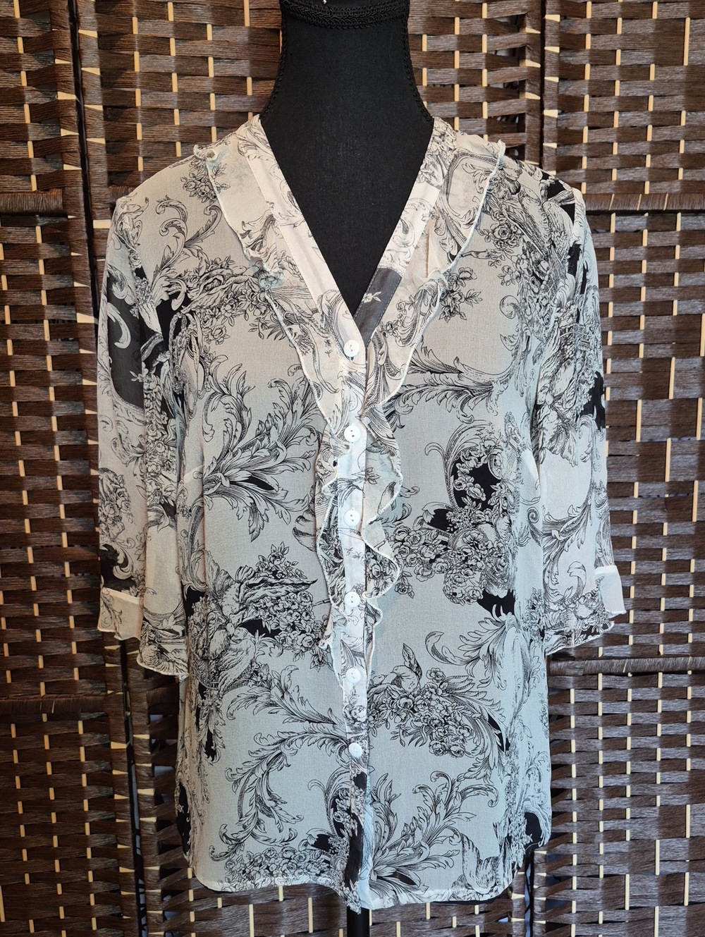 Black and White Floral Scroll Button-Front Blouse